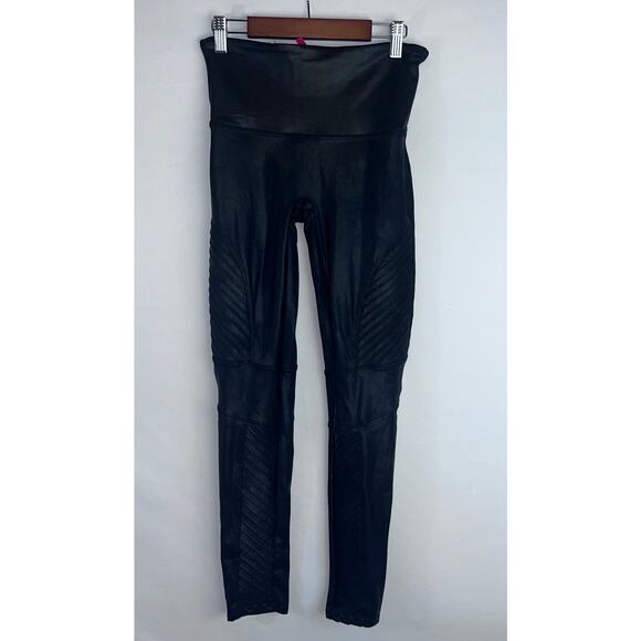 SPANX Women's Leggings Black Faux Leather Moto Size Large